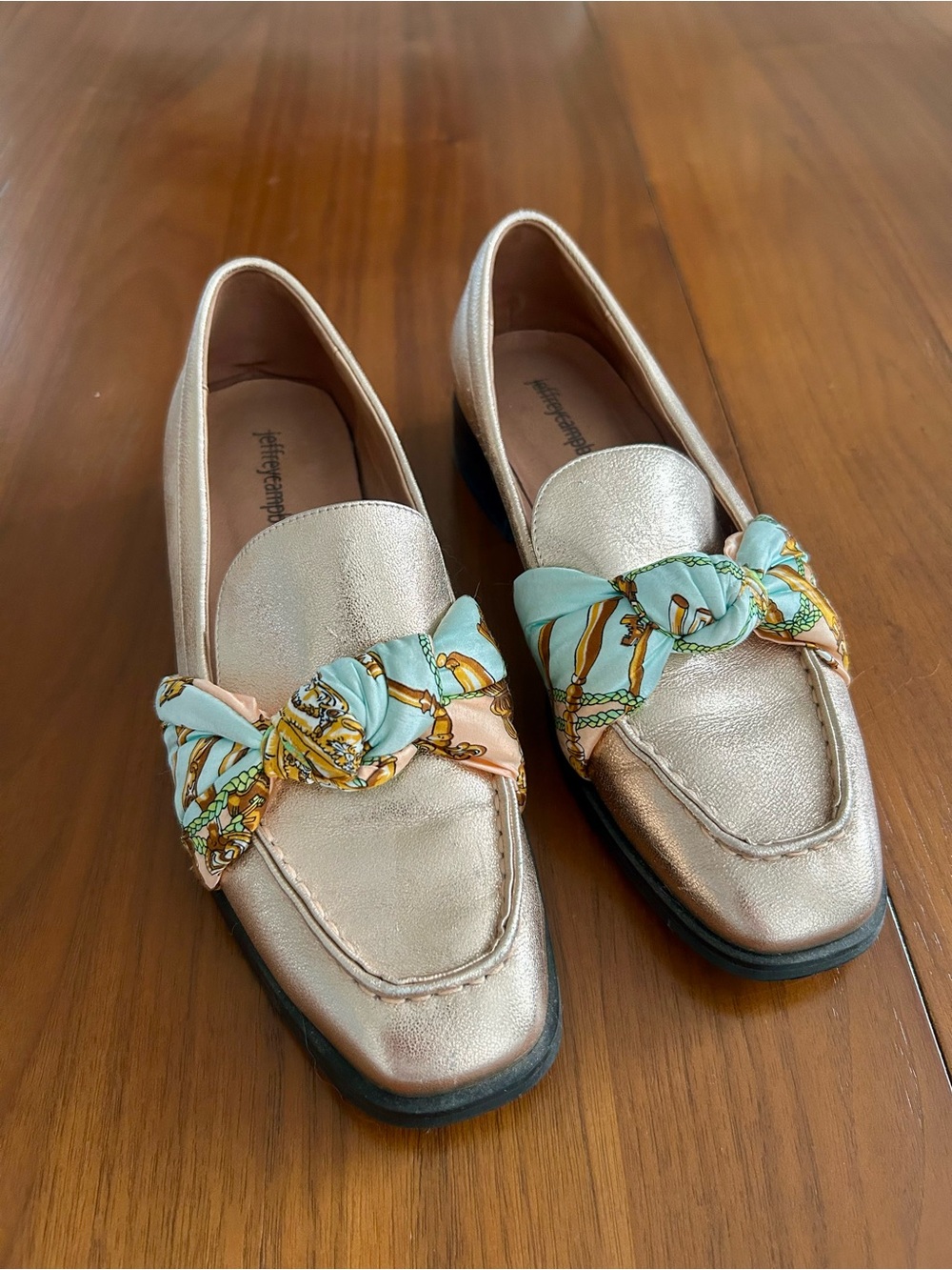 Jeffrey Campbell Rose gold Metallic Loafers w/ Silk Scarf Detail